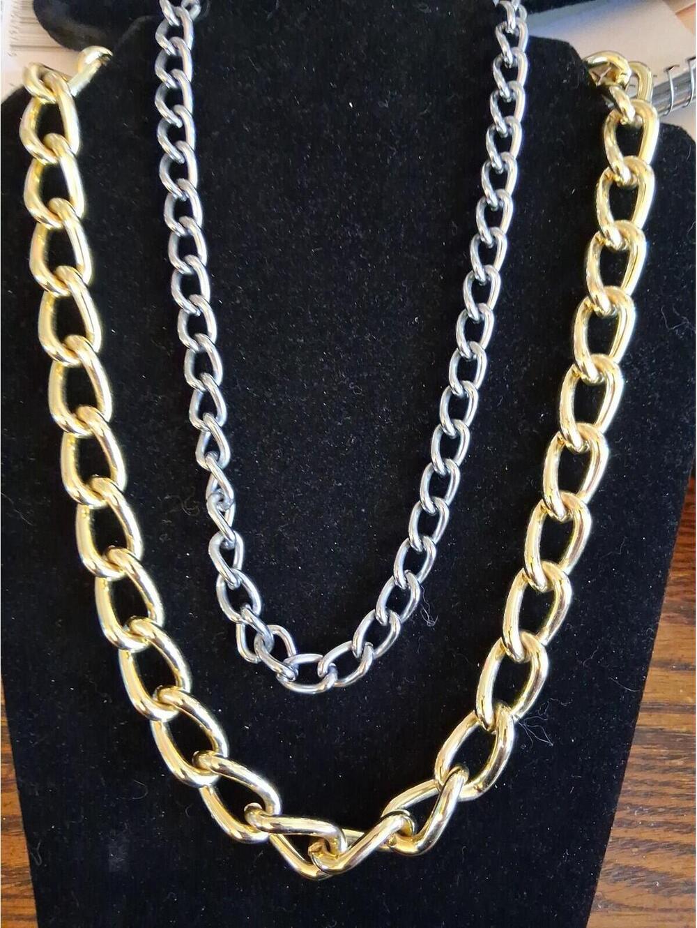 Lot of 2 Chain Necklaces Silver & Gold Tone Costume Jewelry Chunky Heavy